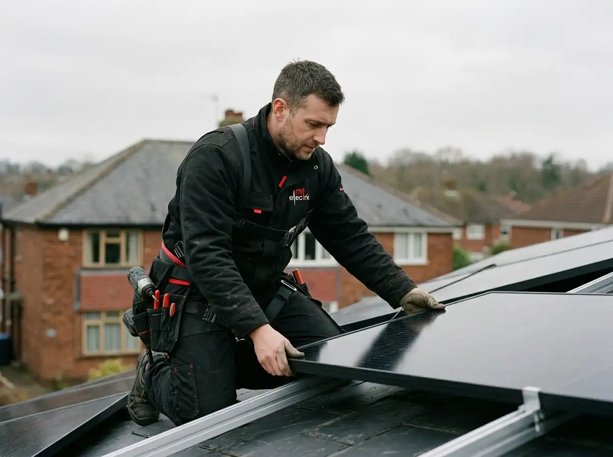 An MT electrician installing solar panels on a roof of a UK home.