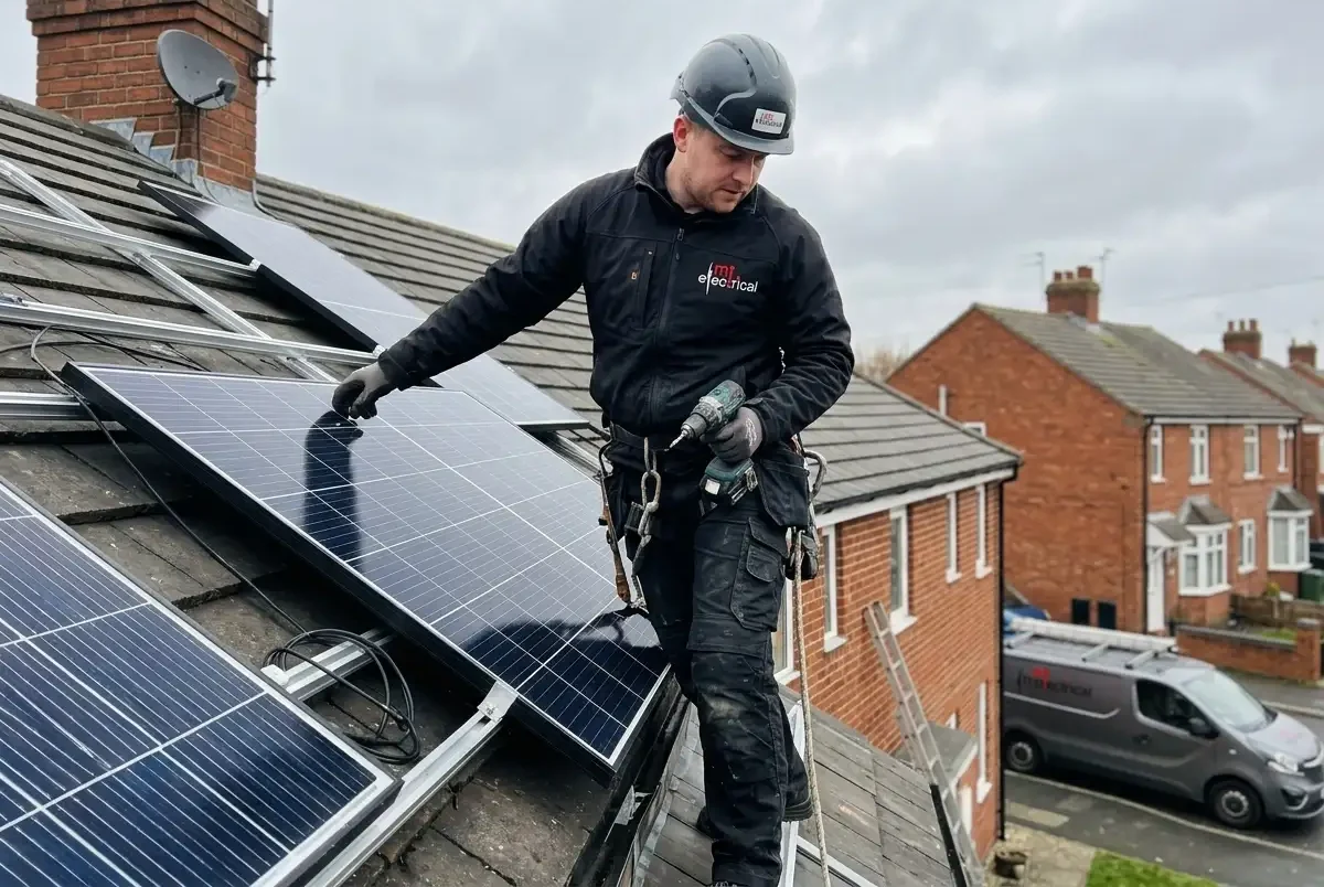 An MT electrician installing solar panels on a domestic UK home.