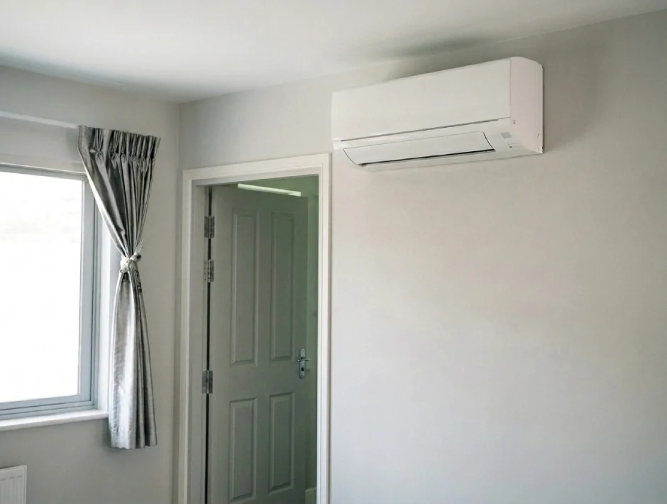 A picture of an installed home air conditioning unit.