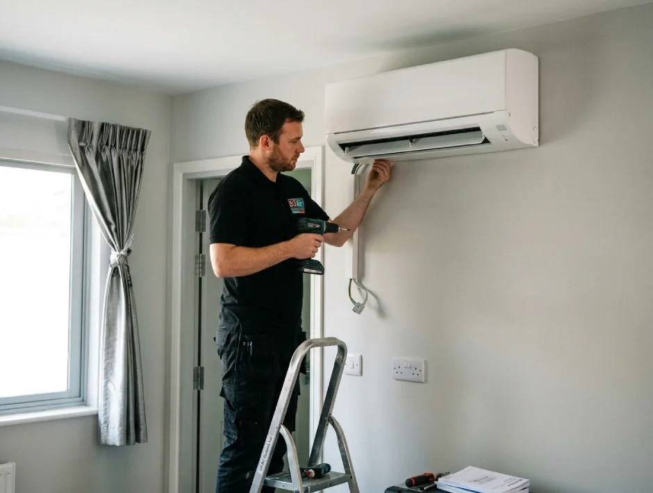 MT Electrician installing a home air conditioning unit.