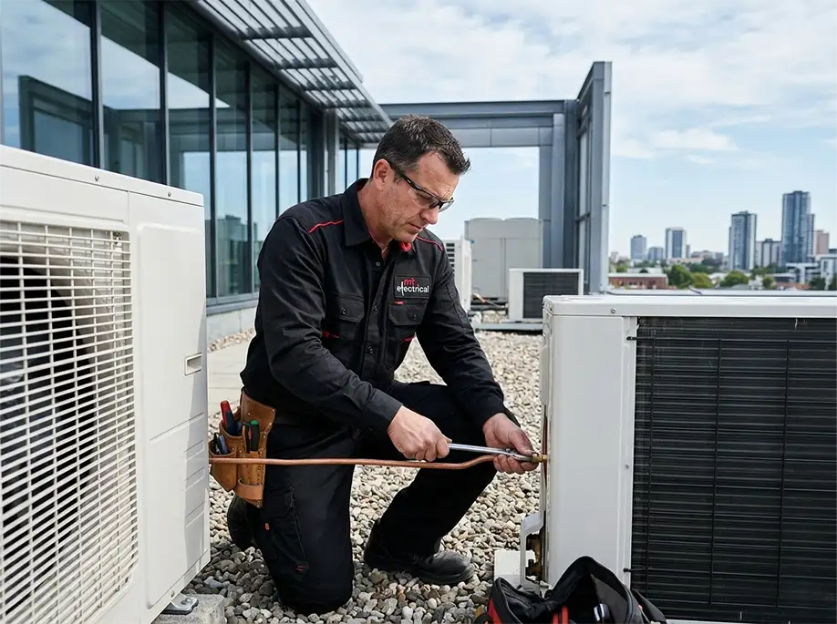 An MT electrician installing air conditioning for a commercial building. He is on top of a roof.