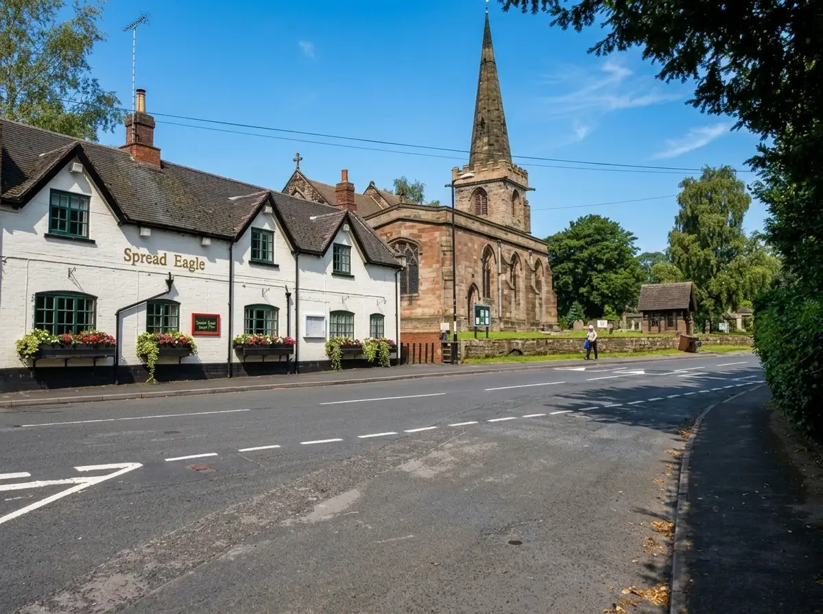 An image of a pub and church in Rolleston on Dove on a sunny day.